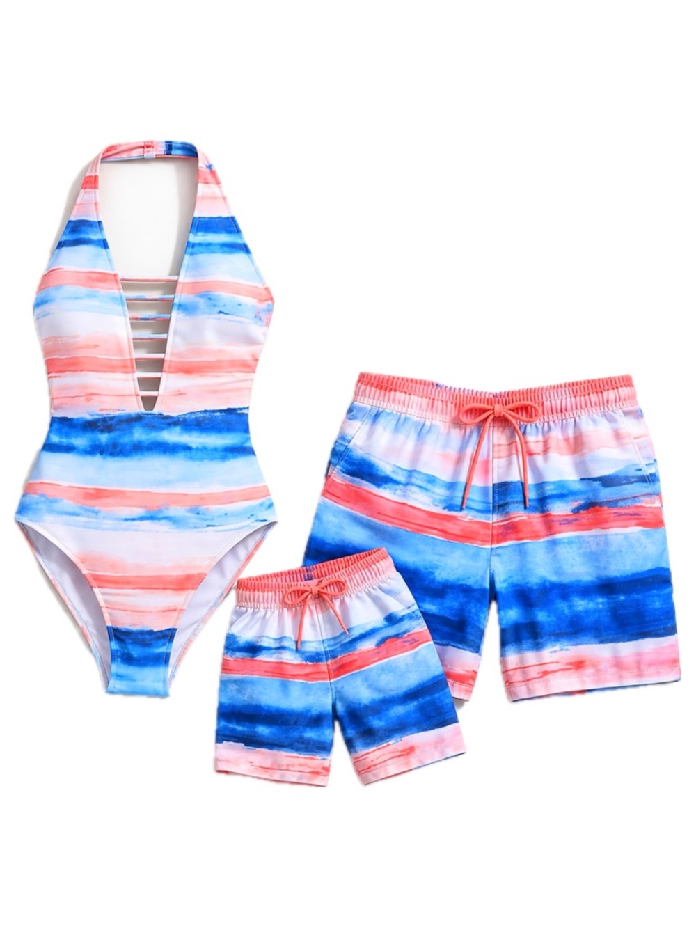 Family Matching Swimsuits Set | Mommy Daddy & Me | Pink Blue One Piece Trunks L